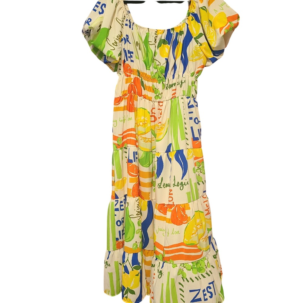 Fusionista Citrus Fruit Print Tiered Maxi Dress Plus 1X Smocked Puff Sleeve